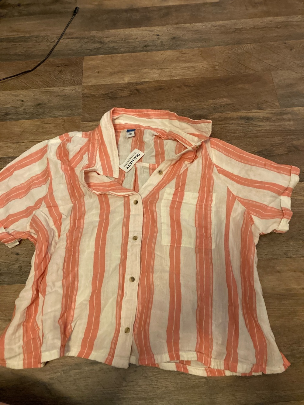 Old Navy Coral and White Striped Short Sleeve Button-Down Shirt